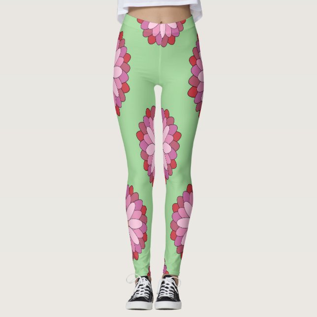 Pastel Rosa Grönt Asian Medallion Blommigt Leggings (Framsida)