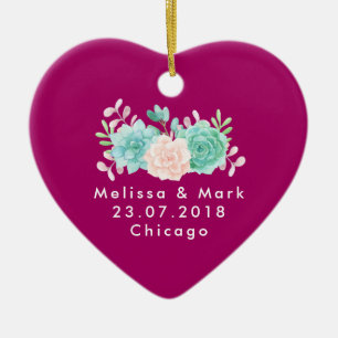 Pastel Rosa & Grönt Blommigt Bouquet Bröllop Julgransprydnad Keramik