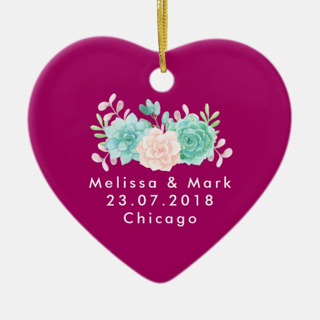 Pastel Rosa & Grönt Blommigt Bouquet Bröllop Julgransprydnad Keramik (Framsidan)