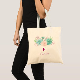 Pastel Rosa & Grönt Blommigt Bouquet Monogram Tygkasse