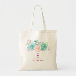 Pastel Rosa & Grönt Blommigt Bouquet Monogram Tygkasse