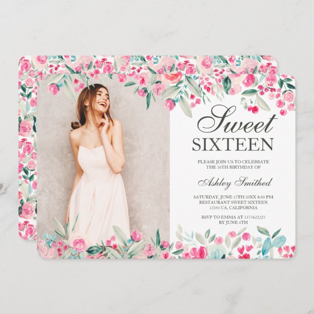 Pastel rosa grönt blommigt vattenfärgsfoto Söt 16 Inbjudningar (Fram/baksida)