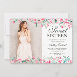 Pastel rosa grönt blommigt vattenfärgsfoto Söt 16 Inbjudningar