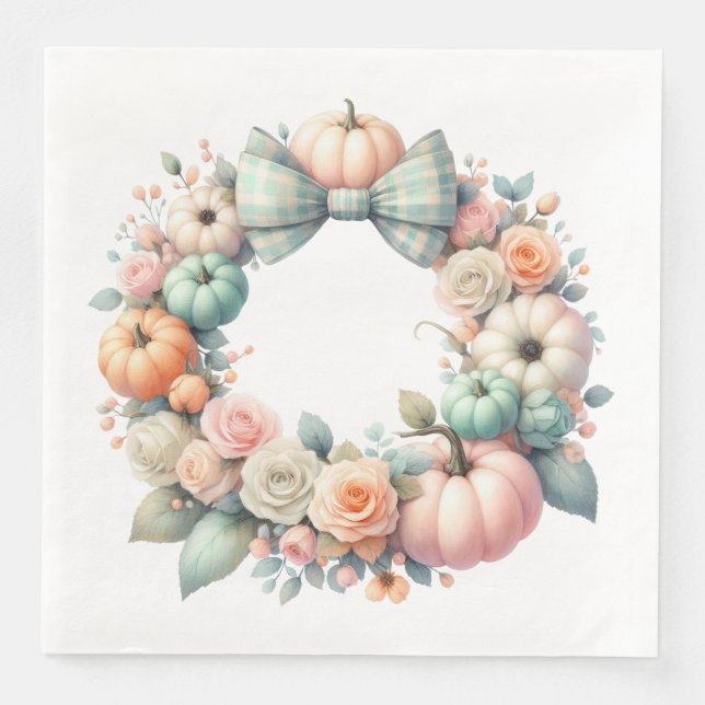 PASTEL ROSA & GRÖNT FALL PUMPKINER & FLOWERS PAPPERSSERVETT (Framsida)