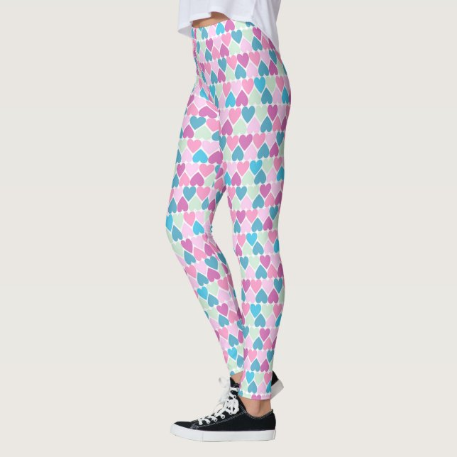 Pastel Rosa Grönt Hearts Mönster Leggings (Vänster)