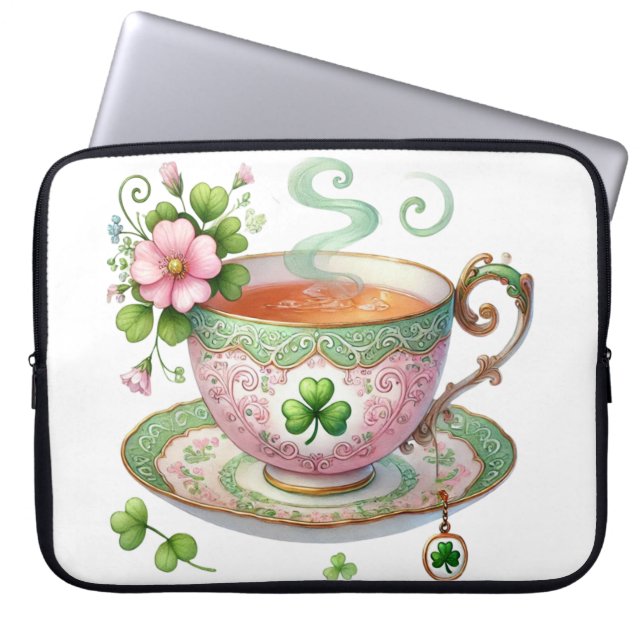 PASTEL ROSA & GRÖNT IRISH KOPP OF TEA & SHAMROCKS LAPTOP FODRAL (Framsidan)