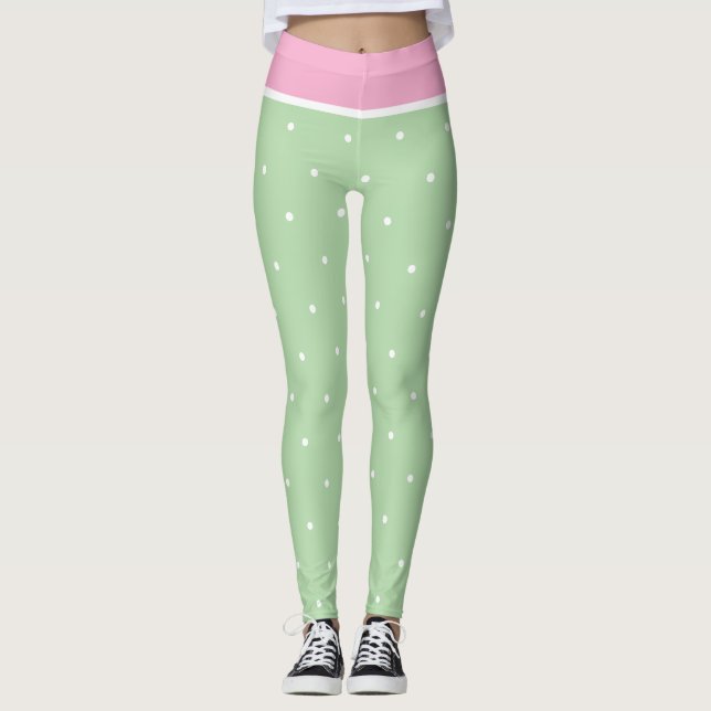 Pastel Rosa Grönt och White Polka dots Leggings (Framsida)