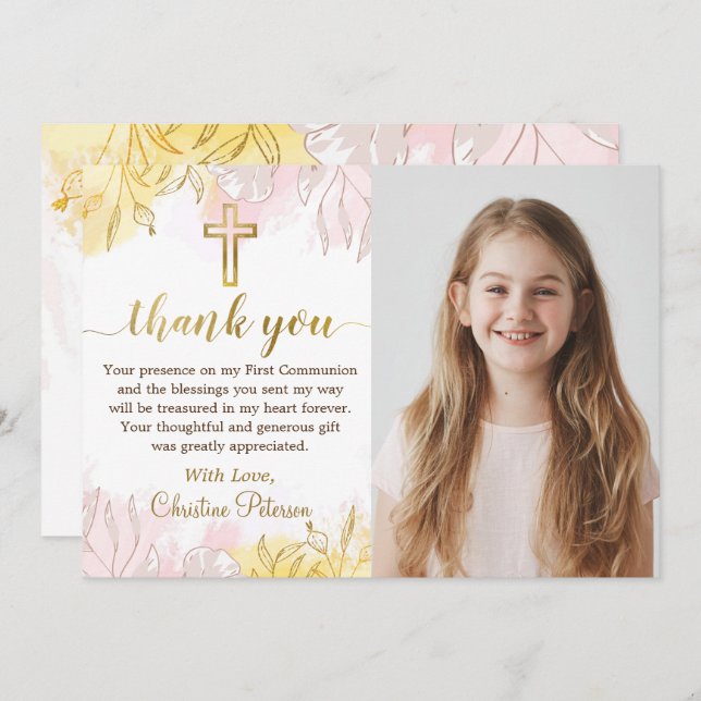 Pastel Rosa Guld Blommigt First Communion Photo Tack Kort (Fram/baksida)
