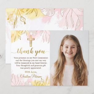 Pastel Rosa Guld Blommigt First Communion Photo Tack Kort