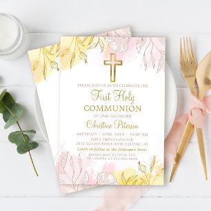 Pastel Rosa Guld Blommigt First Heliga Communion Inbjudningar