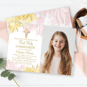 Pastel Rosa Guld Blommigt First Heliga Communion P Inbjudningar