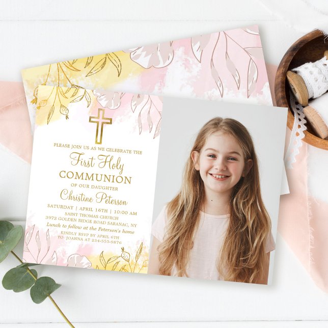 Pastel Rosa Guld Blommigt First Heliga Communion P Inbjudningar (Skapare uppladdad)