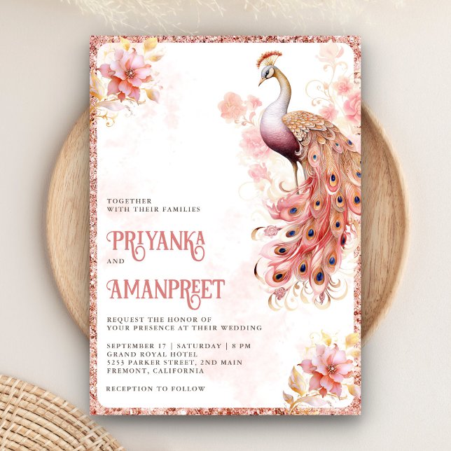 Pastel Rosa Guld Blommigt Indian Peacock Bröllop Inbjudningar (Skapare uppladdad)