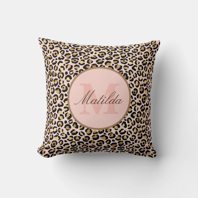 Pastel Rosa & Guld Leopard Animal Print Monogram Kudde (Framsida)