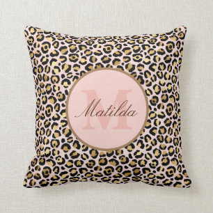 Pastel Rosa & Guld Leopard Animal Print Monogram Kudde