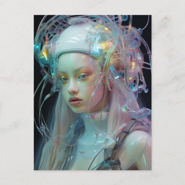 Pastel Rosa Hair Sci Fi Woman Vykort (Framsida)