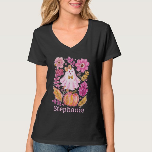 Pastel Rosa Halloween Ghost med First Namn T Shirt (Framsida)