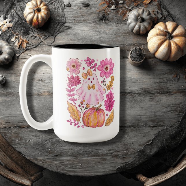 Pastel Rosa Halloween Ghost Två-Tonad Mugg (Skapare uppladdad)