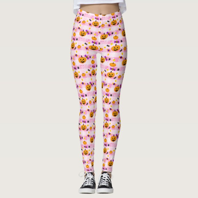 Pastel Rosa Halloween Mönster Leggings (Framsida)