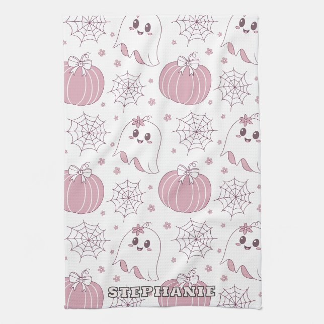 Pastel Rosa Halloween Seamless Mönster (3) Kökshandduk (Vertikal)