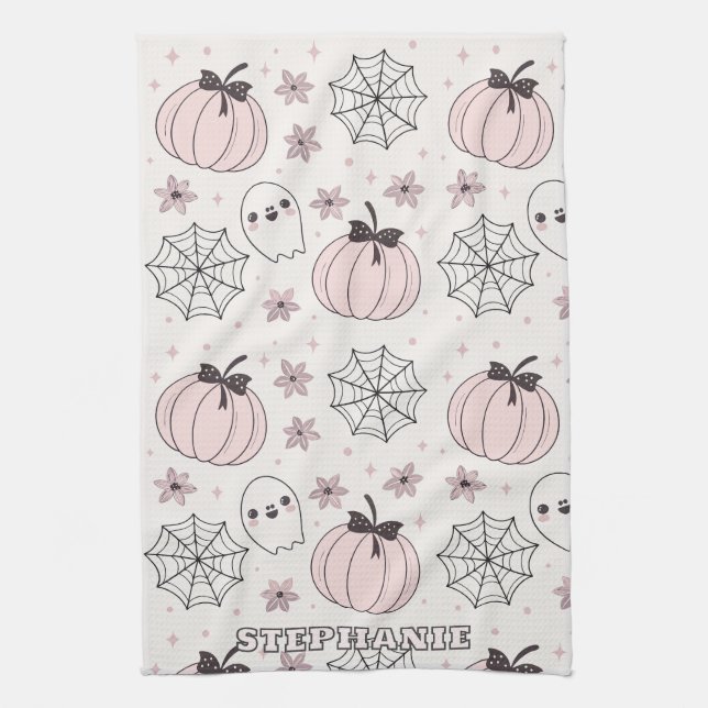 Pastel Rosa Halloween Seamless Mönster Kökshandduk (Vertikal)