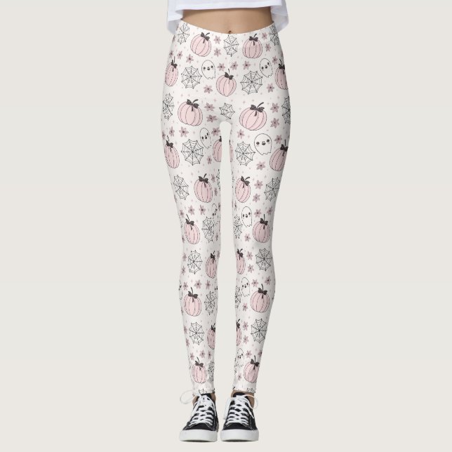 Pastel Rosa Halloween Seamless Mönster Leggings (Framsida)