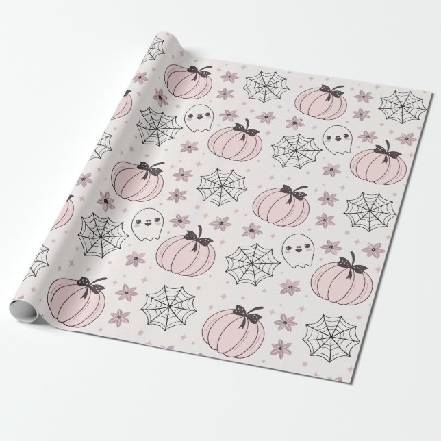Pastel Rosa Halloween Seamless Mönster Presentpapper (Utrullad)