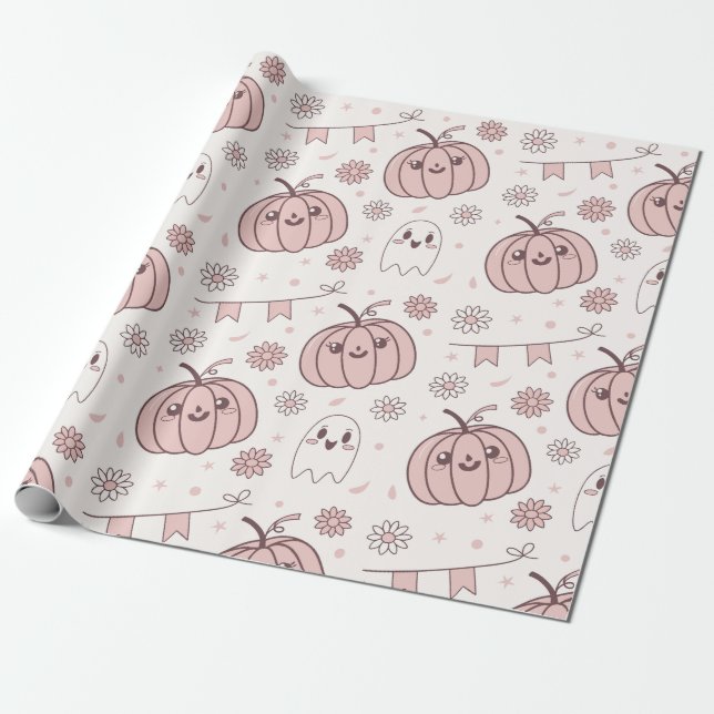 Pastel Rosa Halloween Sömlös Mönster (2) Presentpapper (Utrullad)