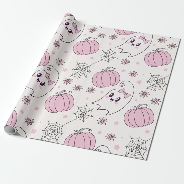 Pastel Rosa Halloween Sömlös Mönster (4) Presentpapper (Utrullad)