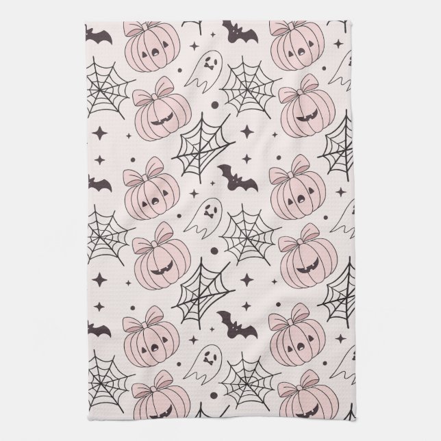 Pastel Rosa Halloween Sömlös Mönster (5) Kökshandduk (Vertikal)