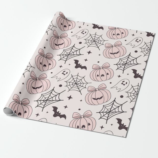 Pastel Rosa Halloween Sömlös Mönster (5) Presentpapper (Utrullad)
