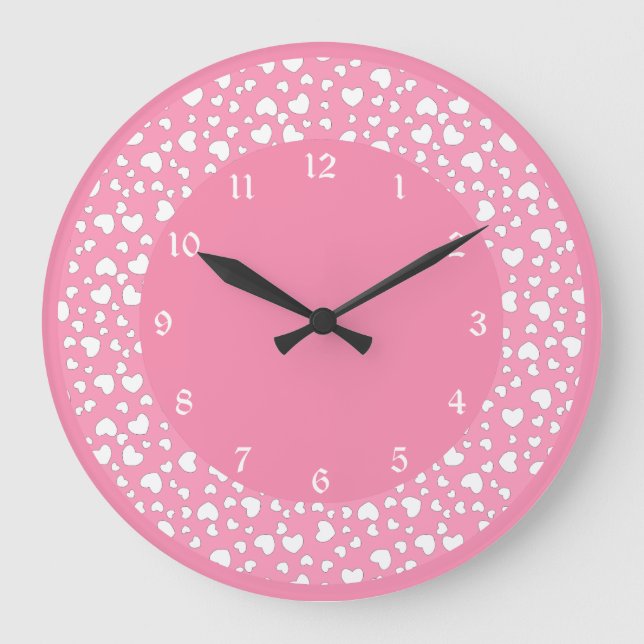 Pastel Rosa Heart Polka Dot Mönster Stor Klocka (Framsida)