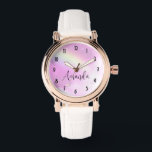 Pastel Rosa Himlar med Gult Rainbow Armbandsur<br><div class="desc">En klocka med vacker bakgrund. En rosa pastel himlar med fluffy clouds och en färgad citronbåge. Magisk och vismisk design.</div>