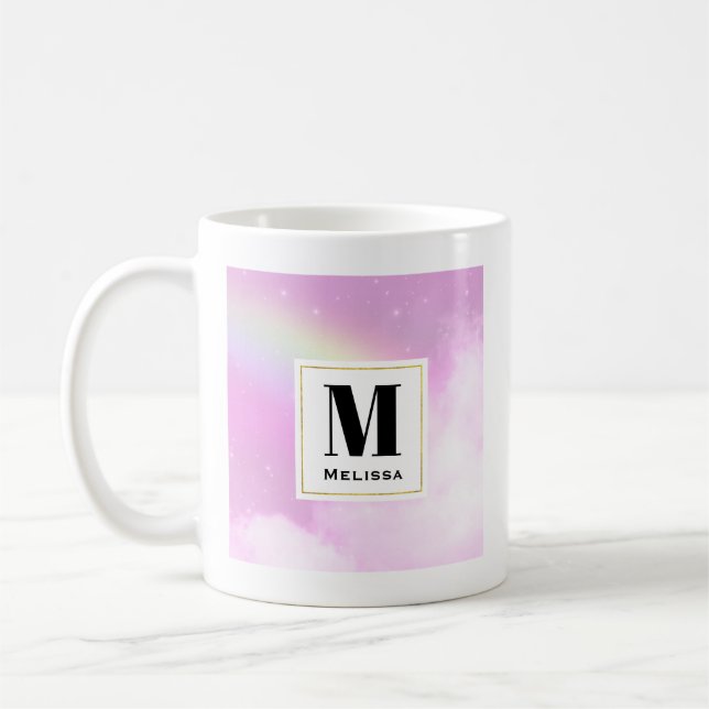 Pastel Rosa Himlar med Gult Rainbow Monogram Kaffemugg (Vänster)