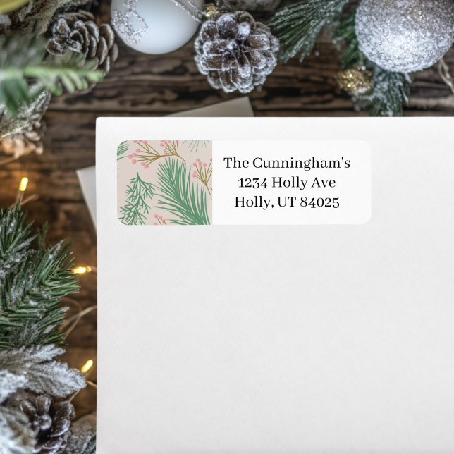 Pastel Rosa Holly jul Returadress Etikett (Pink and green return address label )