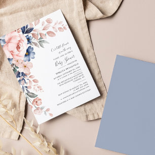 Pastel Rosa Indigo Blue Blommigt Bloom Baby Shower Inbjudningar