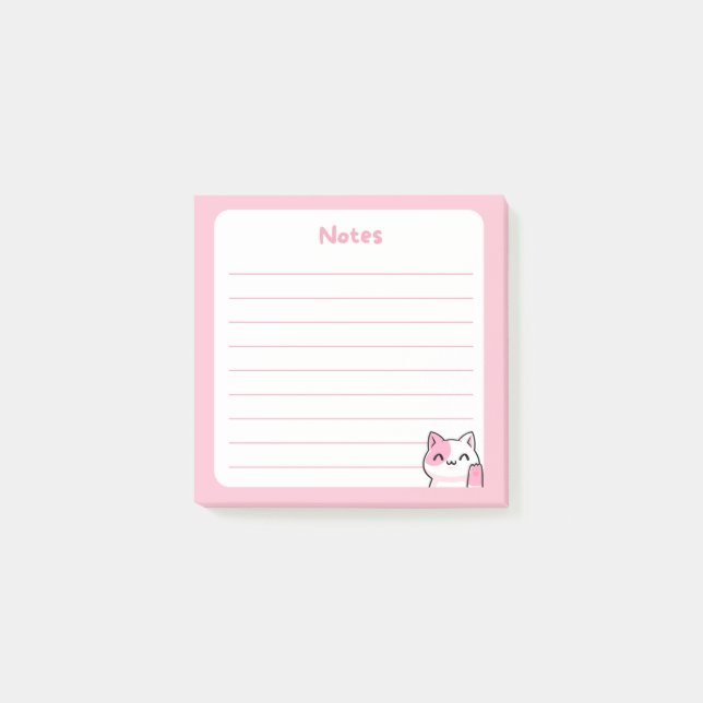 Pastel Rosa Kawaii Chibi Kattunge Waking Hej Post-it Block (Framsida)