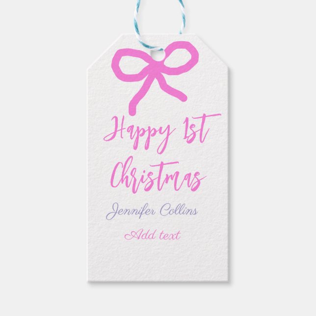 Pastel rosa lila lycklig 1:a julbogen namn da presentetikett (Framsidan)