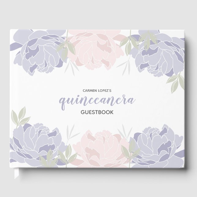 Pastel Rosa & Lila Peonies Quinceanera Guestbook Gästböcker (Framsida)