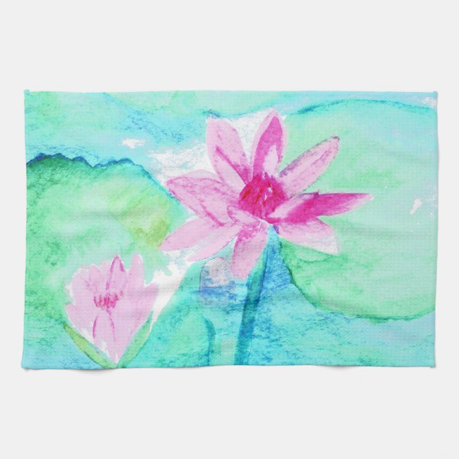 Pastel Rosa Lotus Flowers Watercolor Kökshandduk (Horisontell)