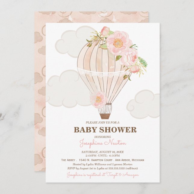 Pastel Rosa Luftballong Girl Baby Shower Inbjudningar (Fram/baksida)