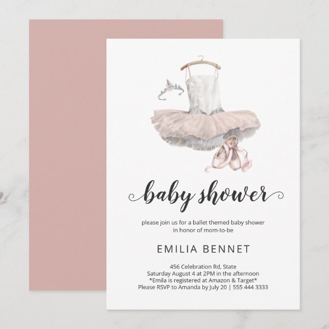 Pastel Rosa Minimal Ballerina Ballet Baby Shower Inbjudningar (Fram/baksida)