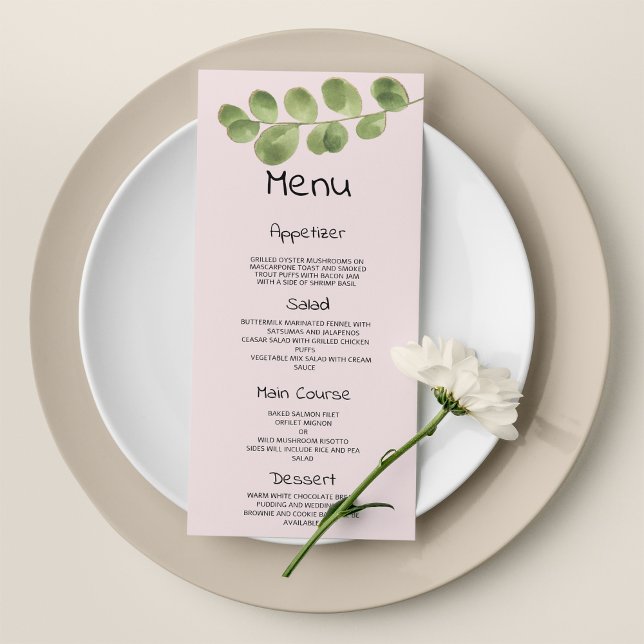 Pastel rosa mint guld eucalyptus löv Bröllop Menu Program (Pastel pink mint gold eucalyptus leaf Wedding Menu)