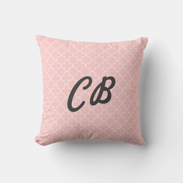 Pastel rosa monogram quatrefoil mönster pelare kudde (Framsida)