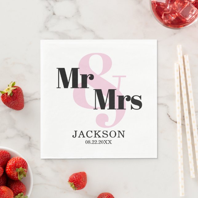 Pastel Rosa Mr & Mrs Bröllop Pappersservett (Insitu)