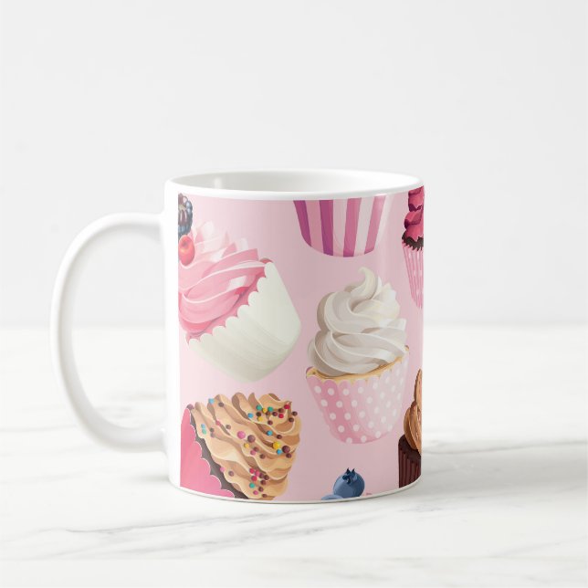 Pastel Rosa Muffins: Vintage Mönster. Kaffemugg (Vänster)