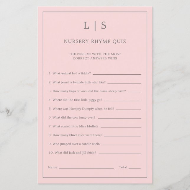 Pastel Rosa Nursery Rhyme Quiz Baby Shower Game (Framsida)