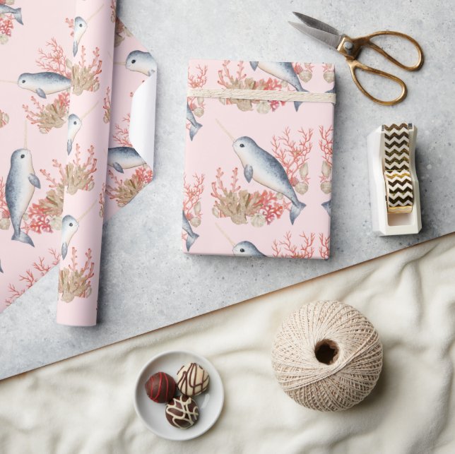 Pastel Rosa Ocean baby Narwhal-färgade segelceller Presentpapper (Hantverk)