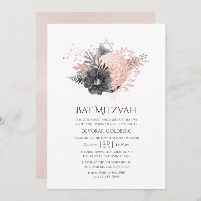 Pastel  Rosa och Blommigt av kol Bat mitzvah Inbjudningar (Fram/baksida)