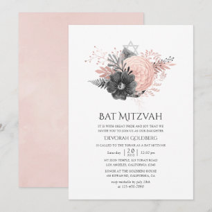 Pastel Rosa och Blommigt av kol Bat mitzvah Inbjudningar